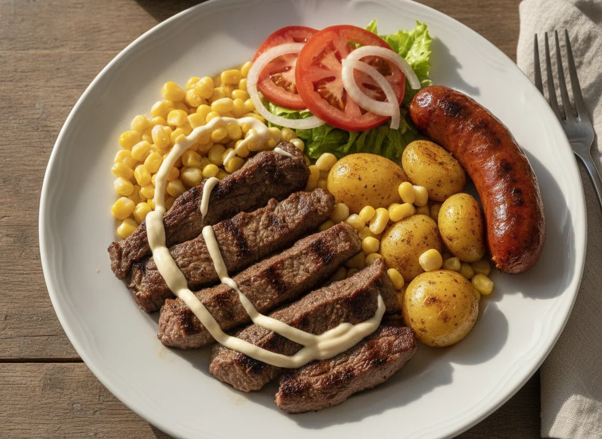 Carne asada con choclo y papas photo
