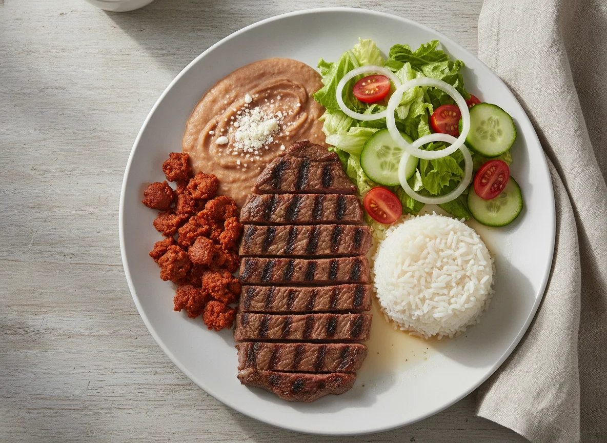 Carne asada con chorizo, frijoles y ensalada photo