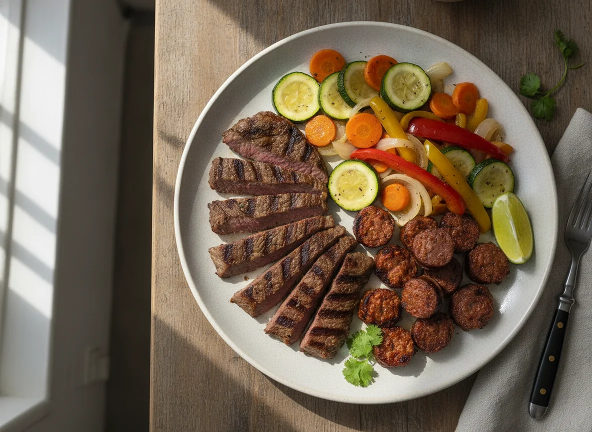 Carne asada con chorizo y verduras salteadas photo