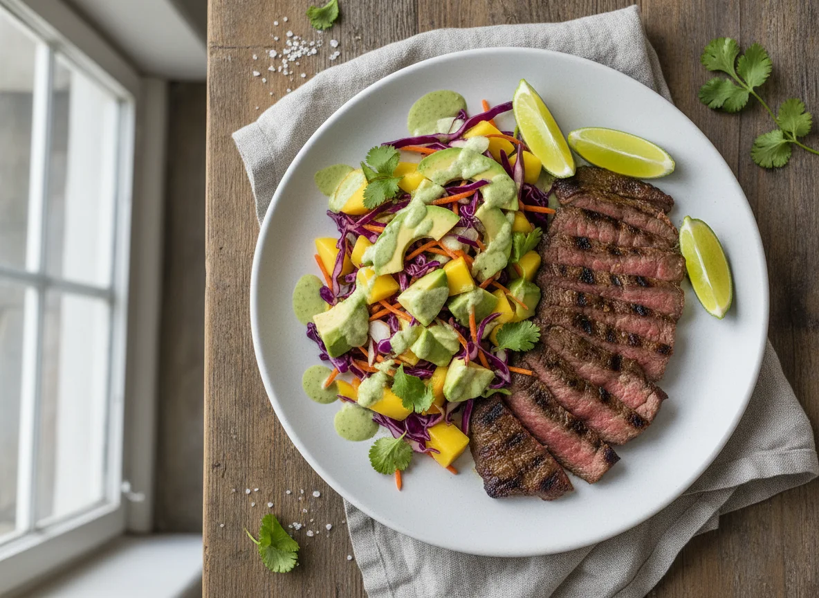 Carne asada con ensalada de aguacate y mango photo