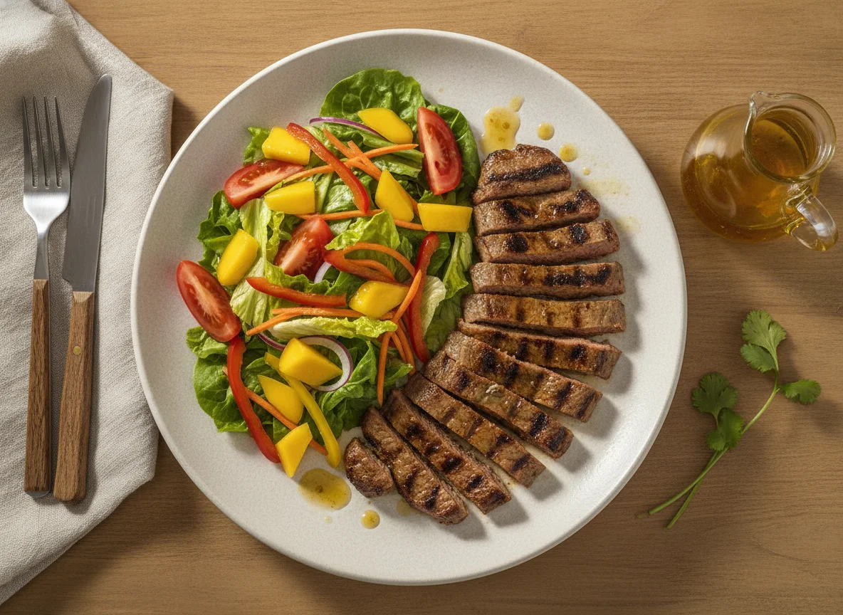 Carne asada con ensalada de mango y vegetales photo