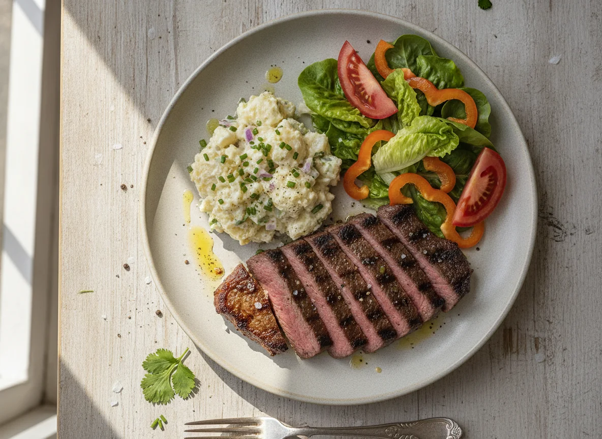 Carne asada con ensalada de papa y ensalada fresca photo