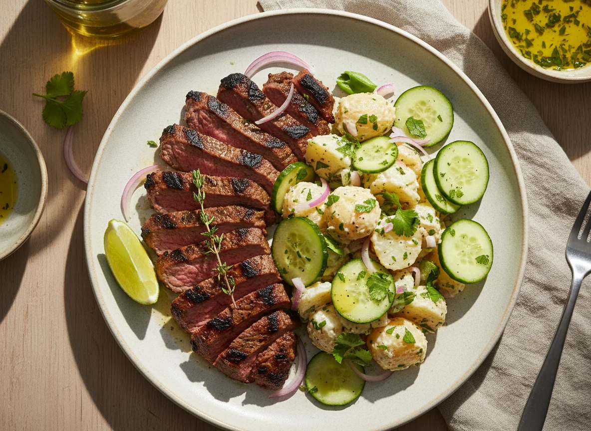 Carne asada con ensalada de papa y pepino photo