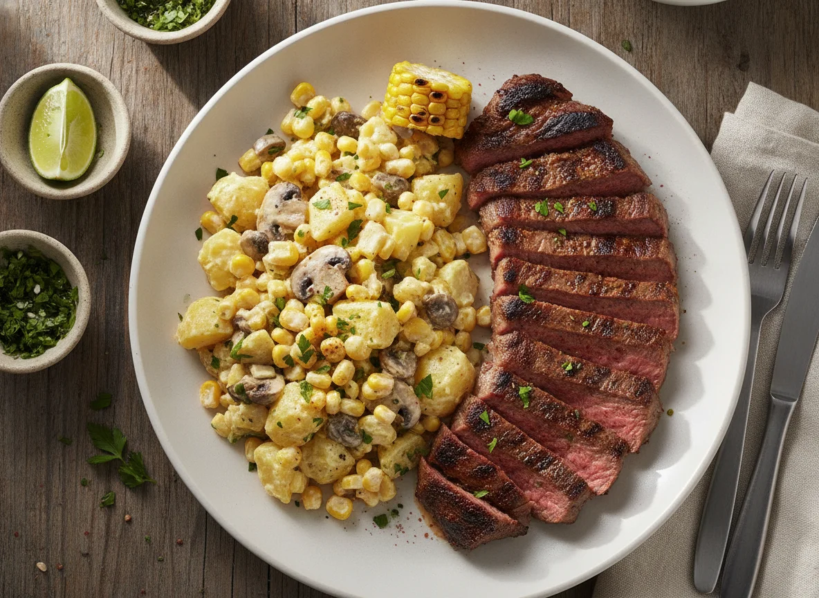 Carne asada con ensalada de papas y choclo photo