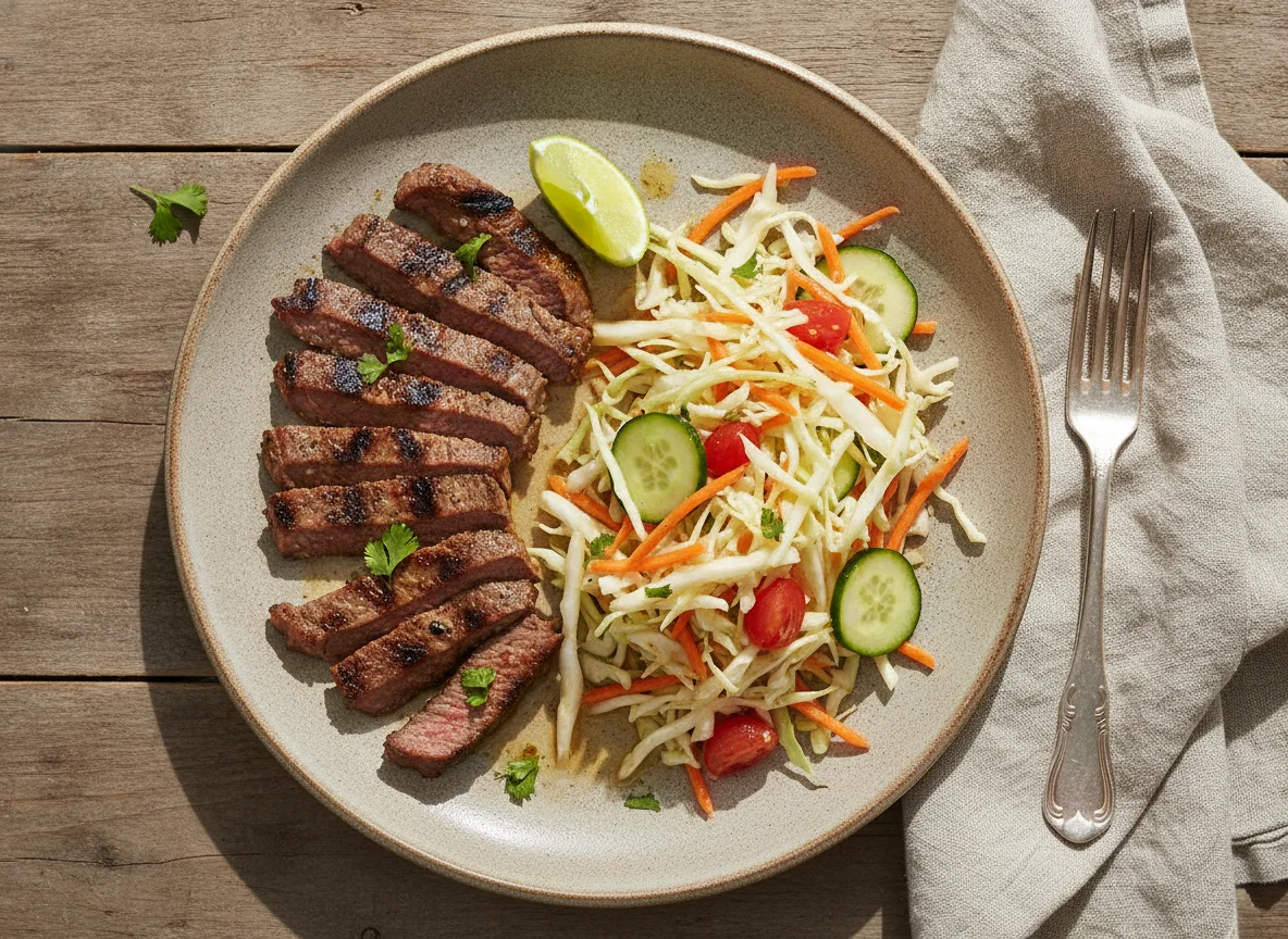 Carne asada con ensalada de repollo y zanahoria photo