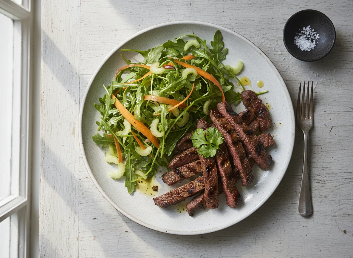 Carne asada con ensalada de rúcula y zanahoria photo