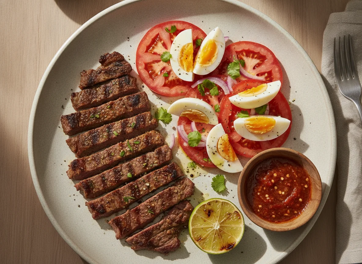Carne asada con ensalada de tomate y huevo photo