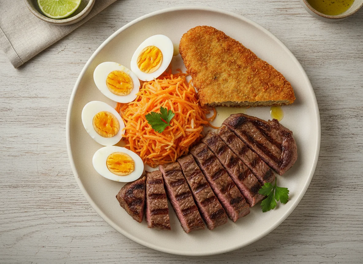 Carne asada con ensalada de zanahoria y huevo y milanesa de soja photo