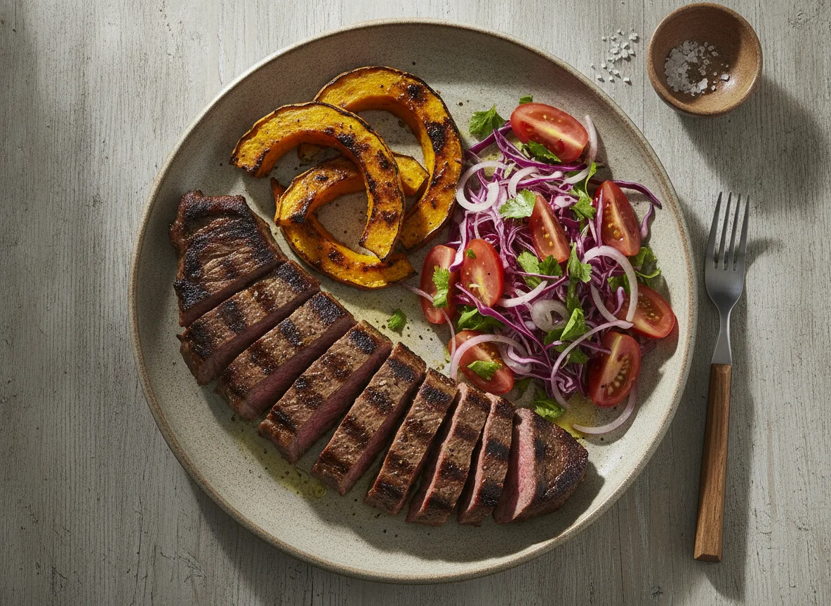 Carne asada con ensalada mixta y calabaza asada photo