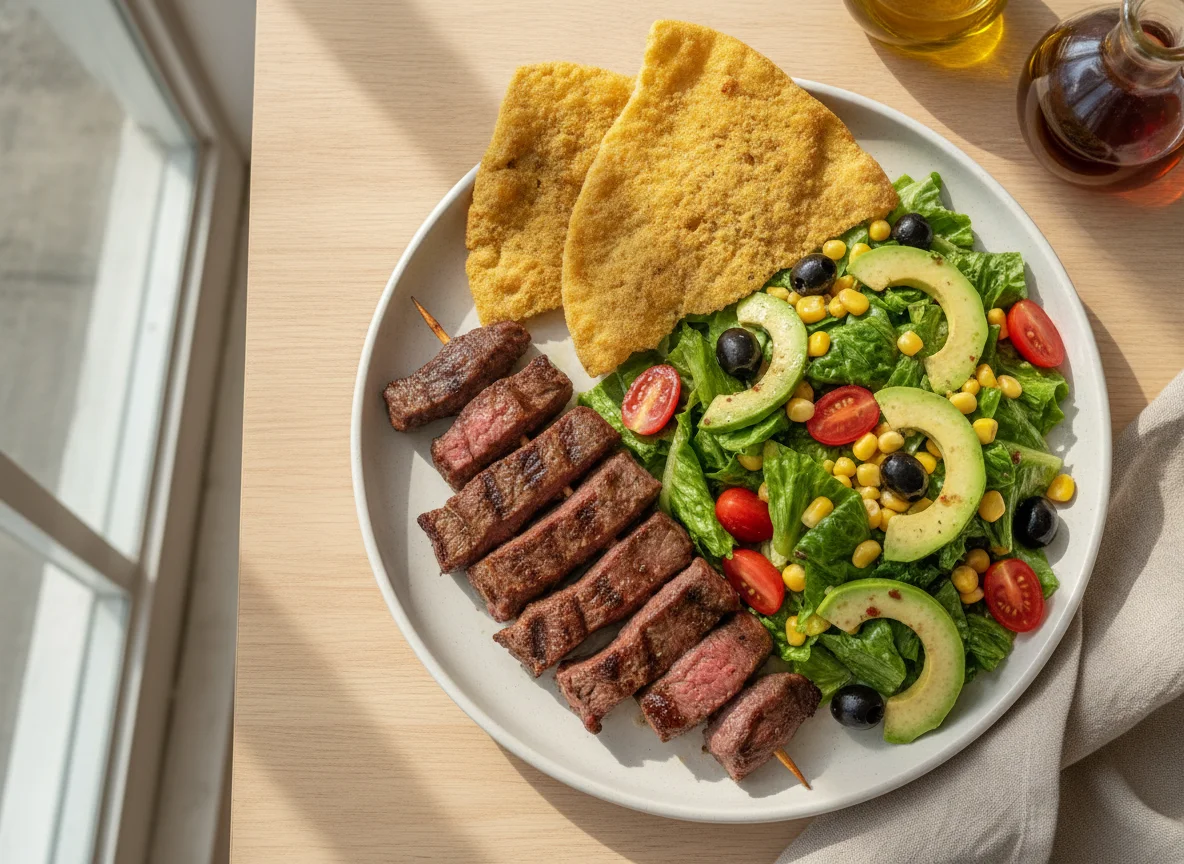 Carne asada con ensalada mixta y casabe photo