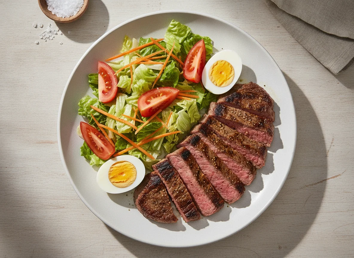 Carne asada con ensalada mixta y huevo duro photo
