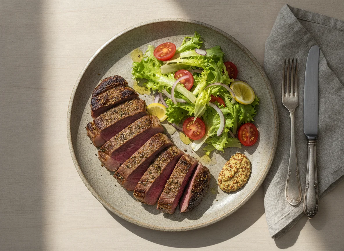 Carne asada con ensalada mixta y mostaza photo