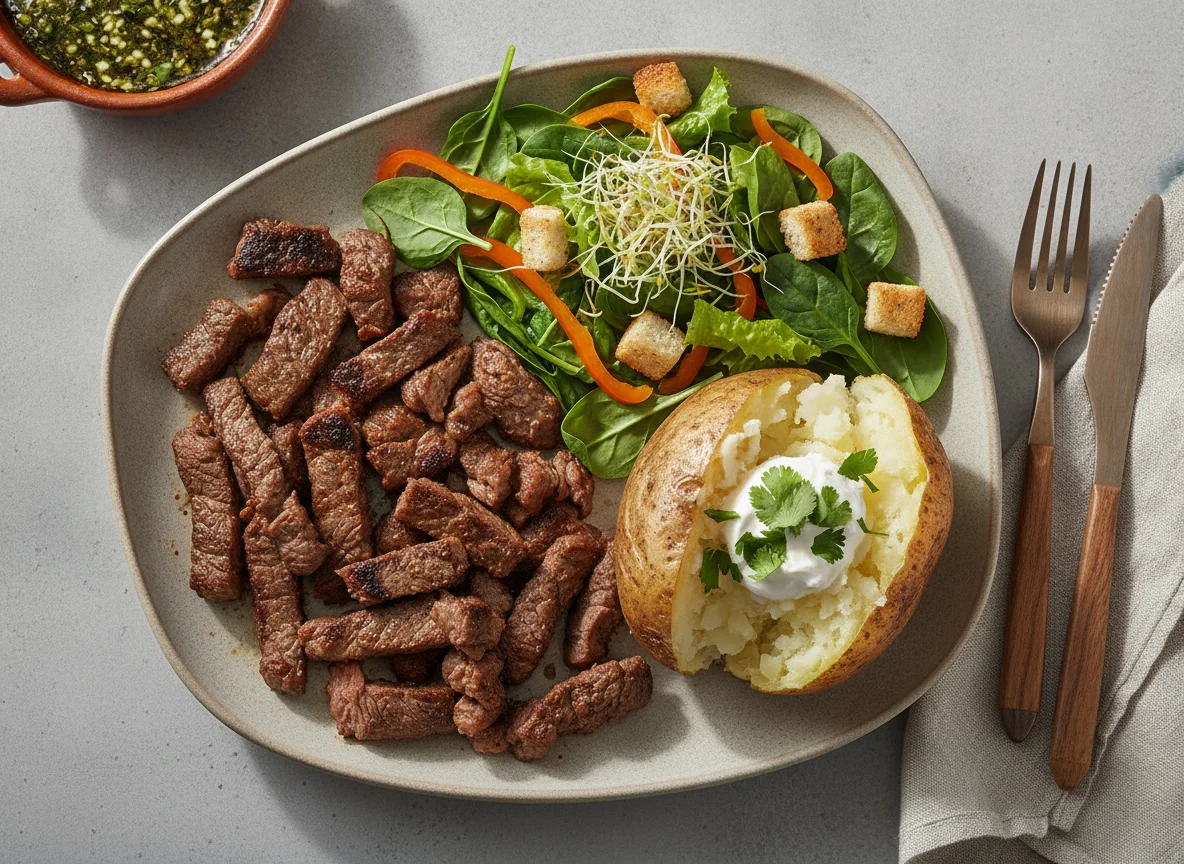 Carne asada con ensalada mixta y papa cocida photo