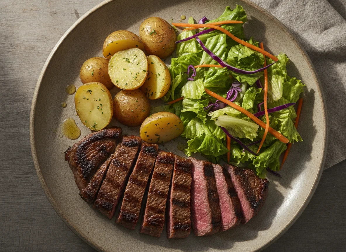 Carne asada con ensalada mixta y papas photo