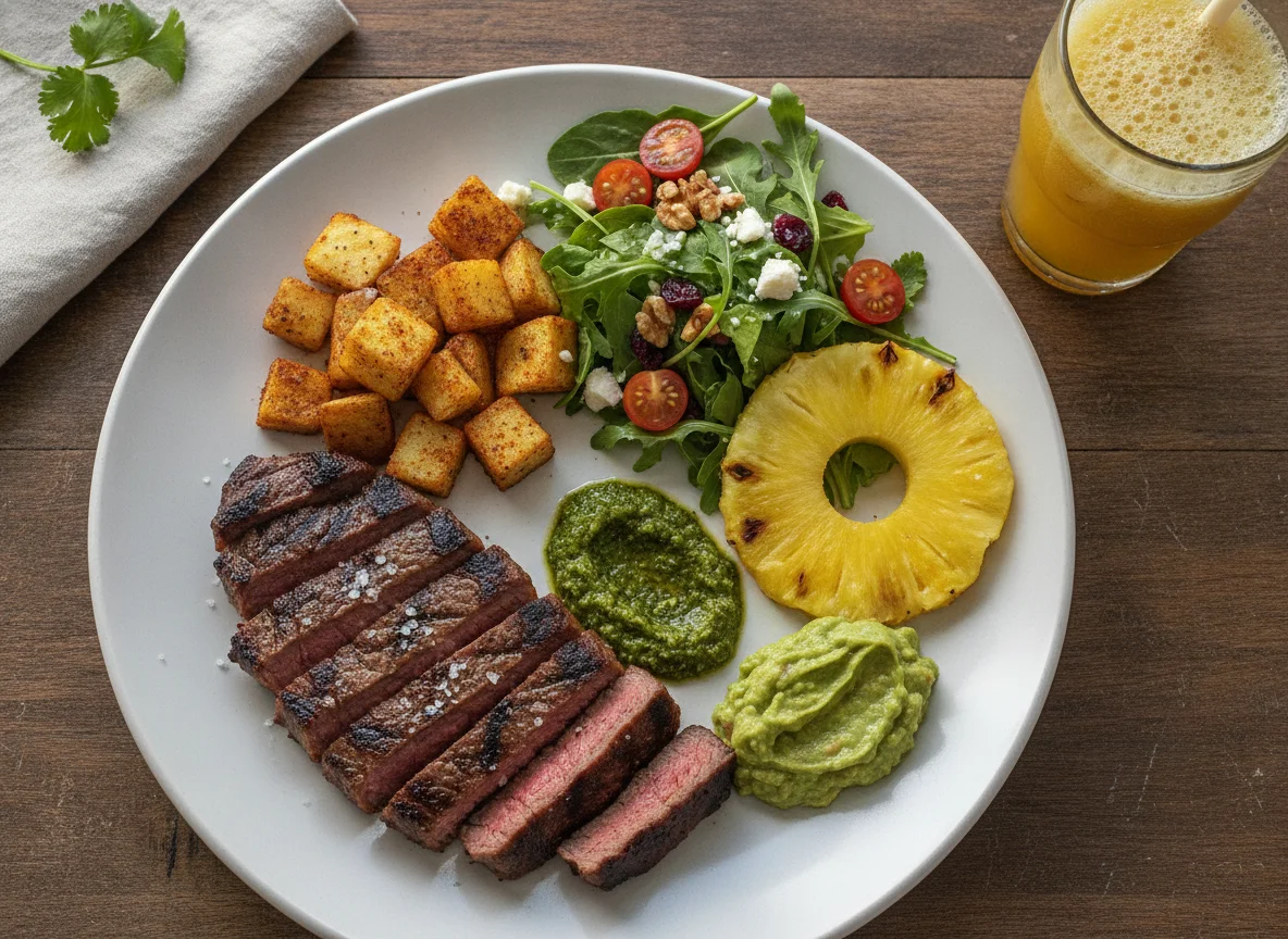 Carne asada con ensalada, papa y jugo photo