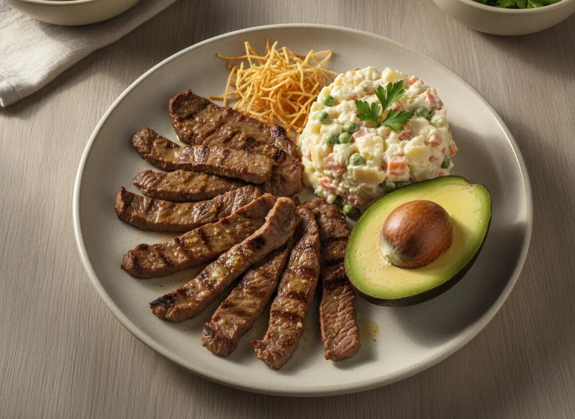 Carne asada con ensalada rusa y aguacate photo