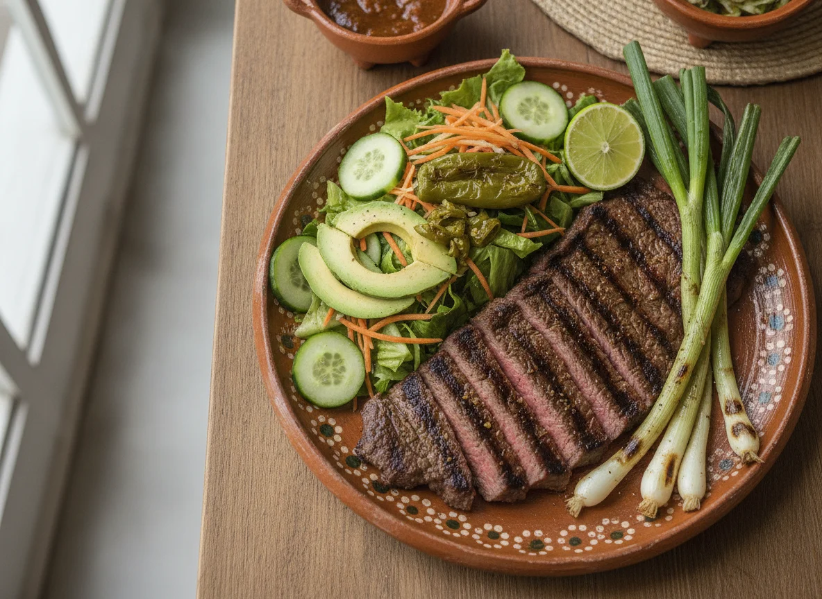 Carne asada con ensalada y cebollitas photo