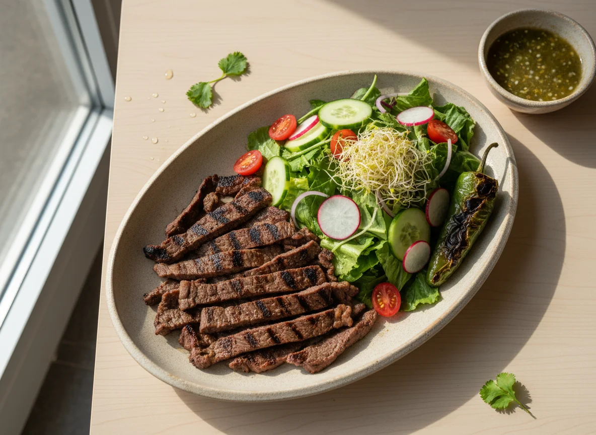 Carne asada con ensalada y chile verde asado photo