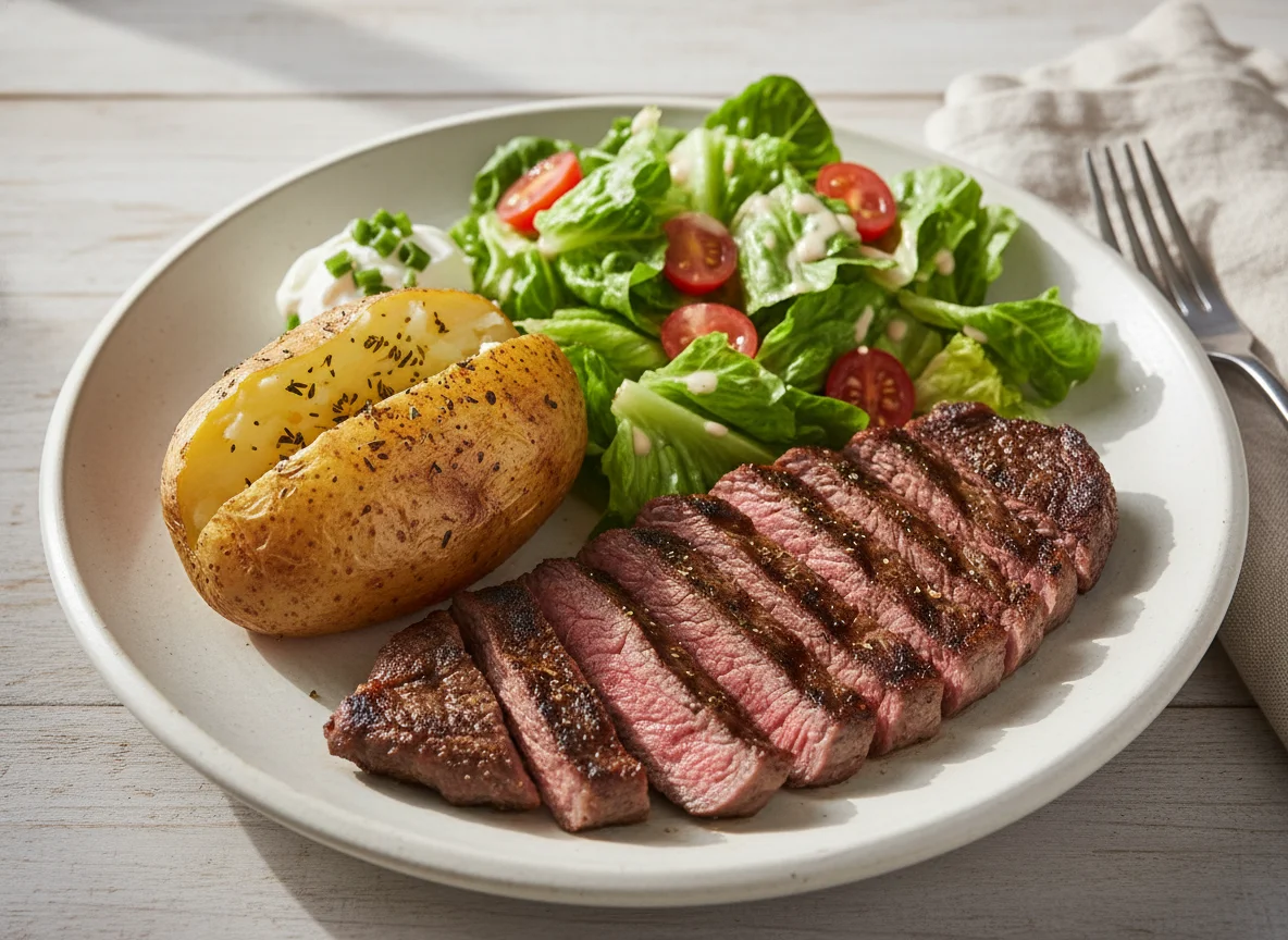 Carne asada con ensalada y papa photo