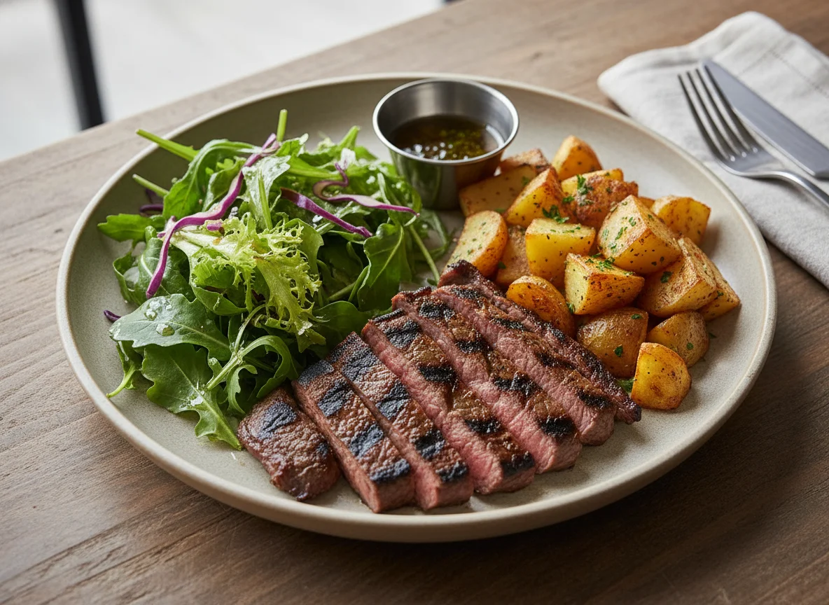 Carne asada con ensalada y papas photo