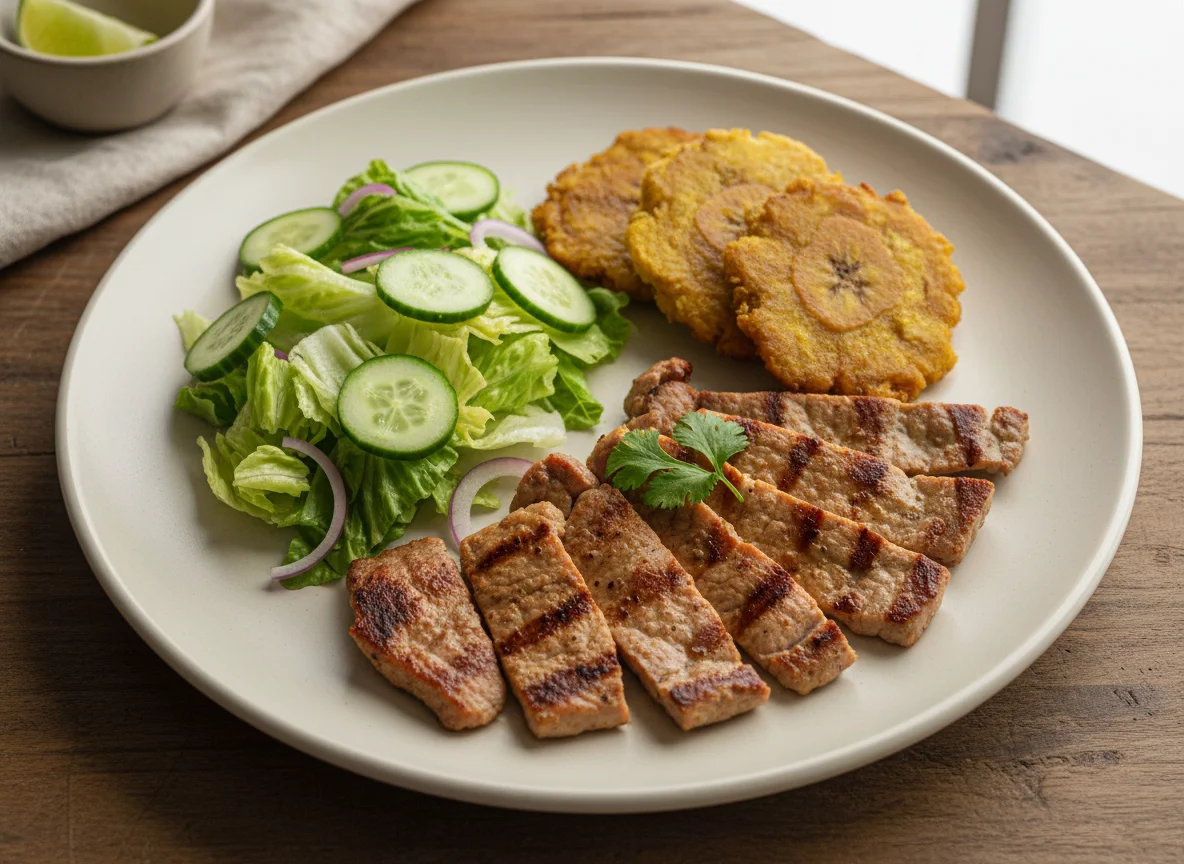 Carne asada con ensalada y patacón photo