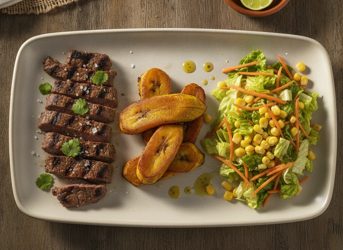 Carne asada con ensalada y plátano maduro photo