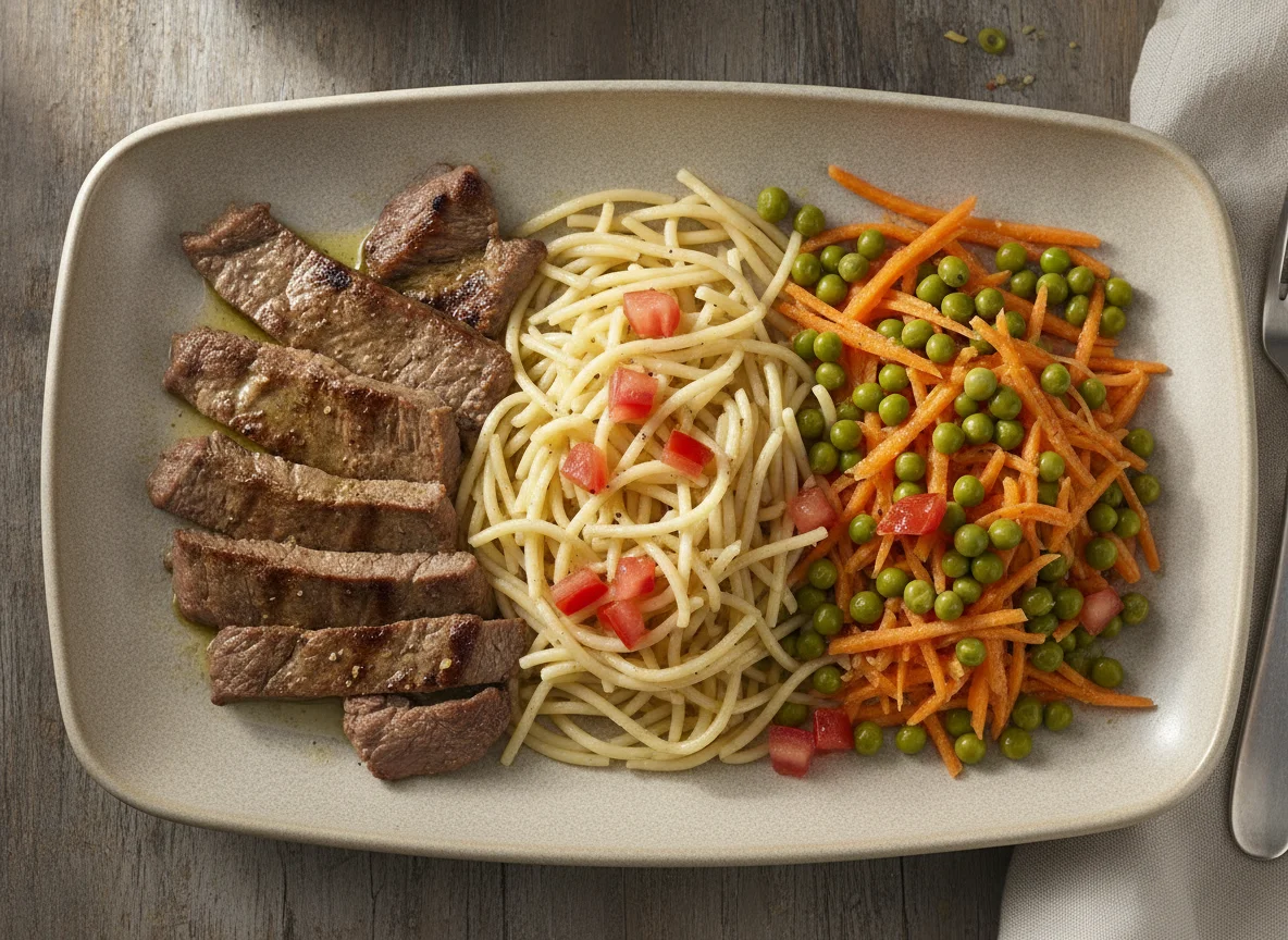 Carne asada con fideos, ensalada de zanahoria y arvejas photo