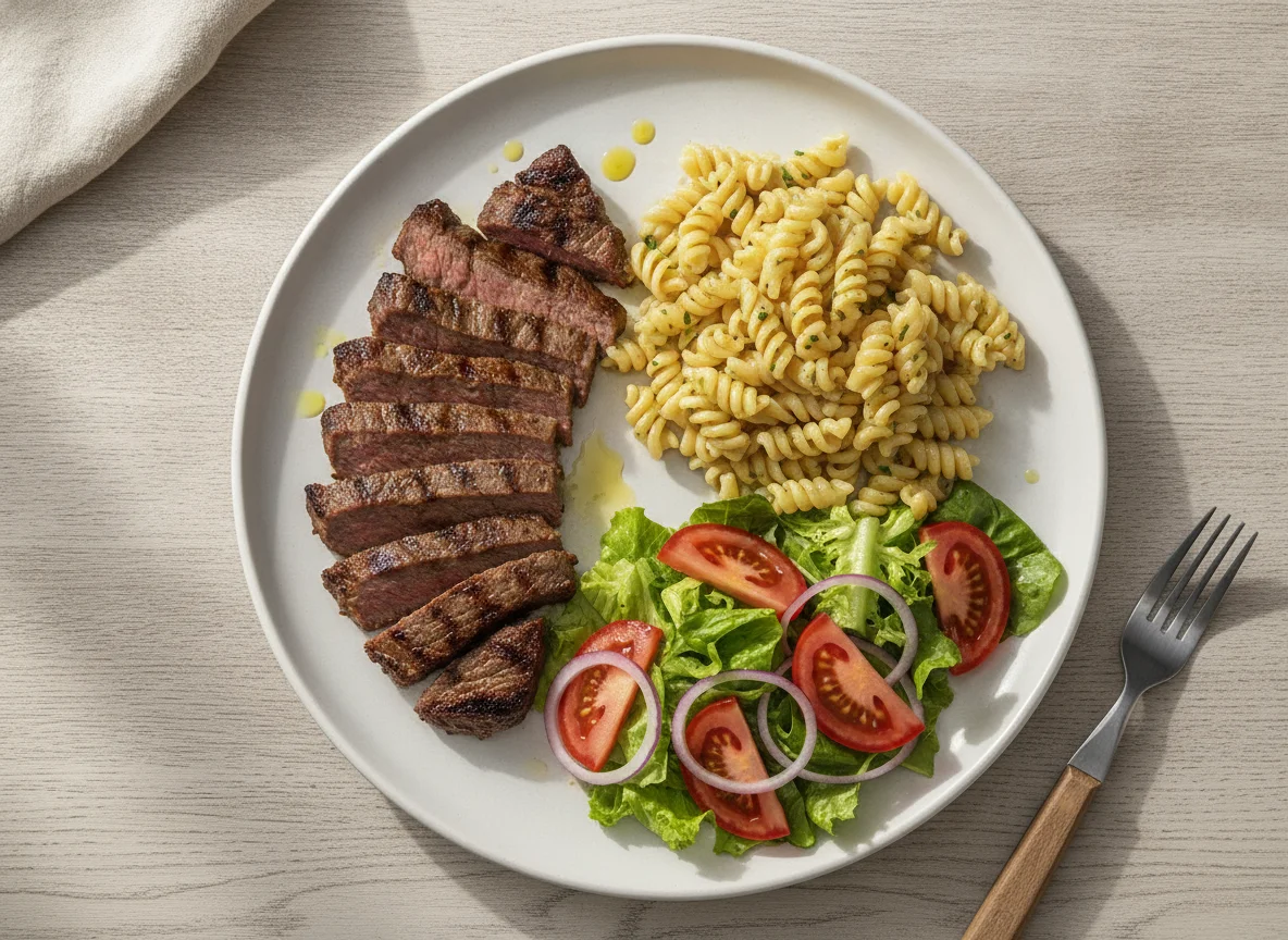 Carne asada con fideos y ensalada photo