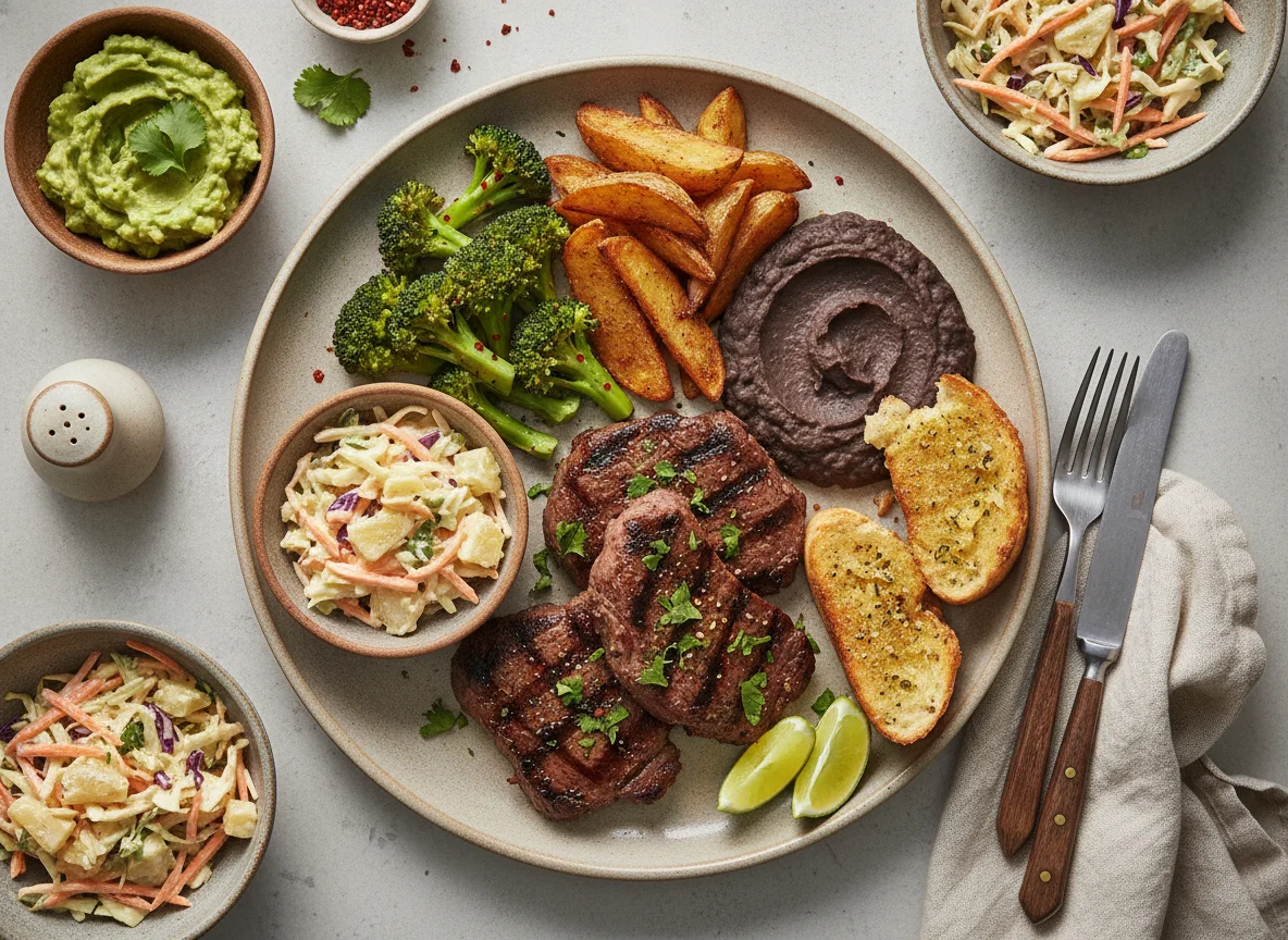 Carne asada con frijoles volteados, brócoli y ensalada de zanahoria photo