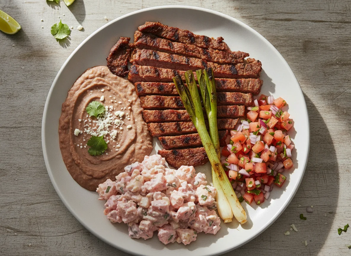 Carne asada con frijoles y pico de gallo photo