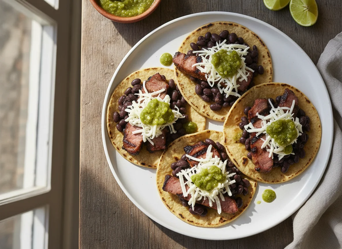 Carne asada con frijoles y queso en tortilla photo