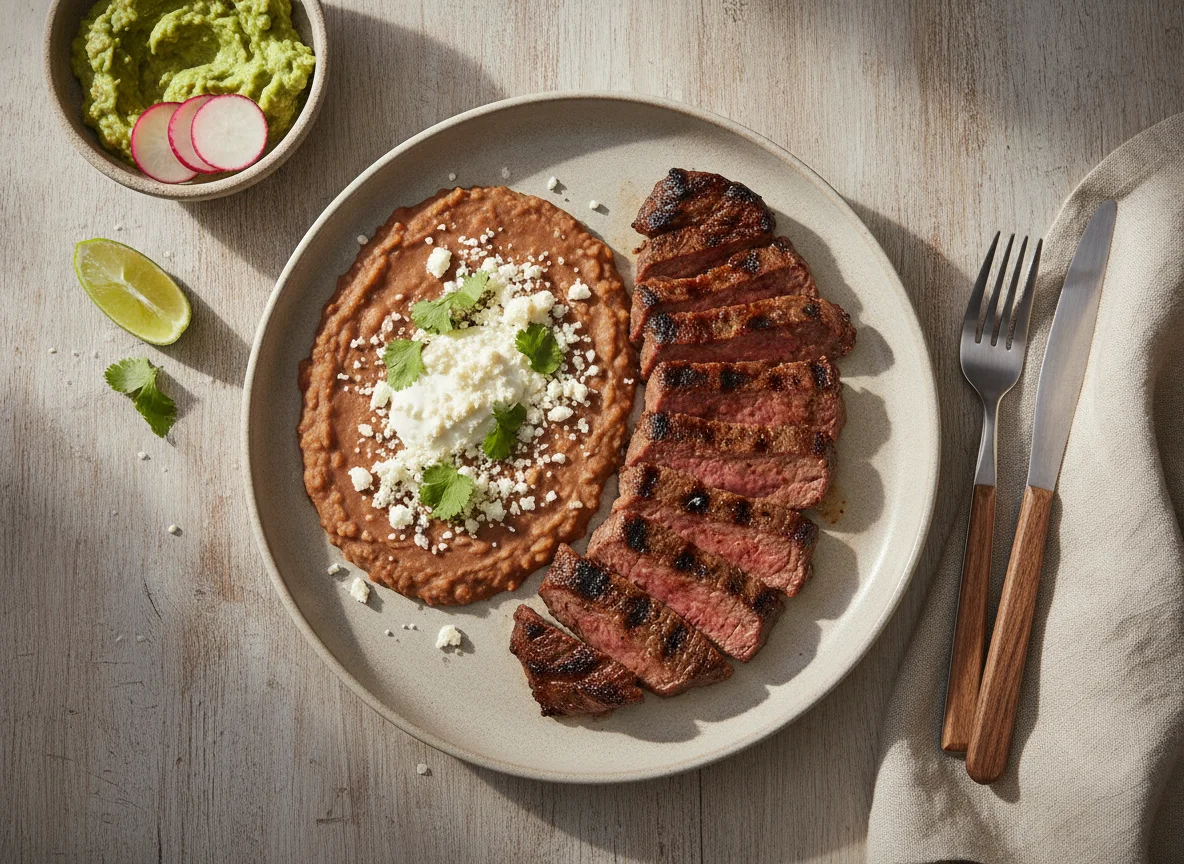 Carne asada con frijoles y queso fresco photo