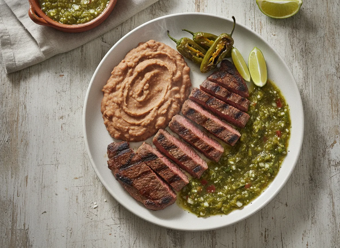 Carne Asada con Frijoles y Salsa Verde photo