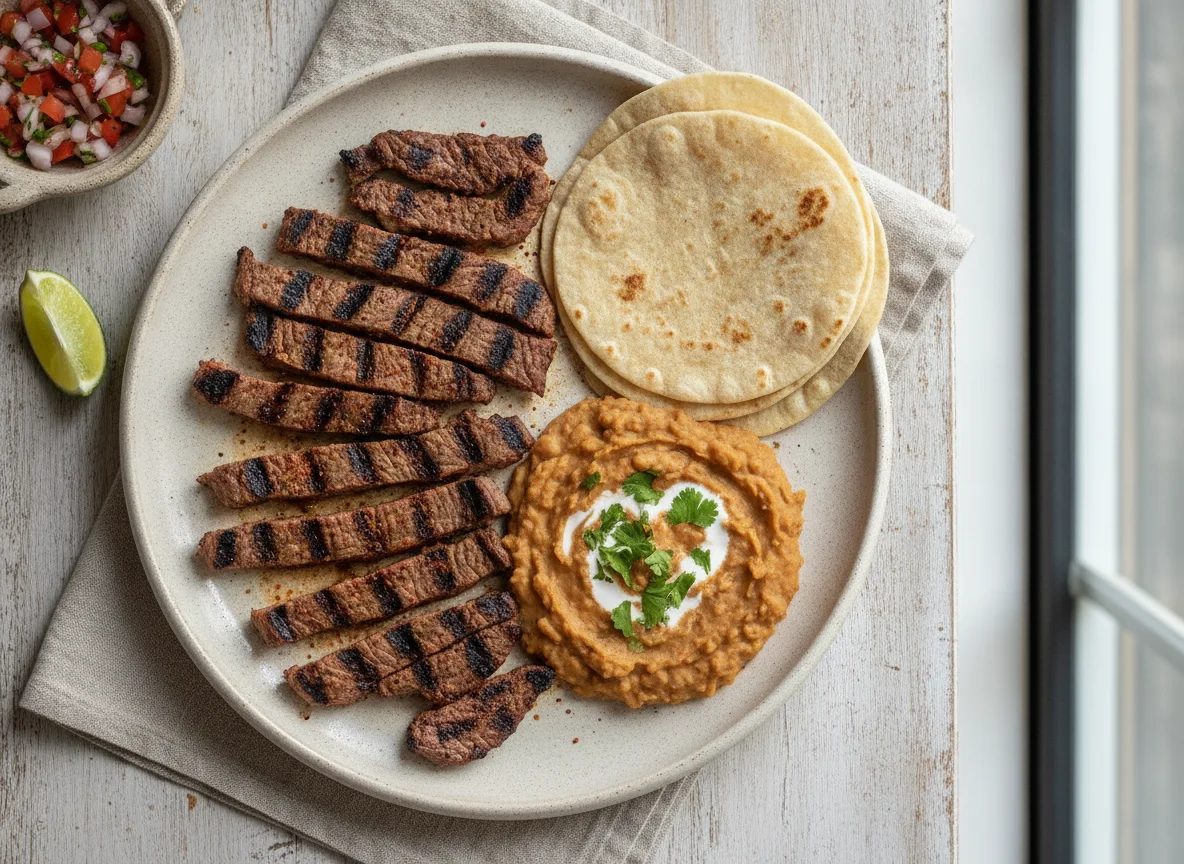 Carne asada con frijoles y tortillas de harina photo