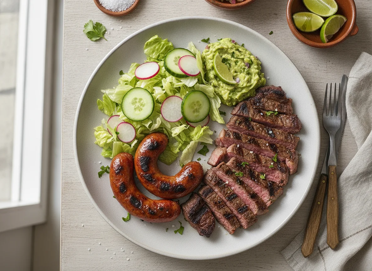 Carne asada con guarnición de ensalada y guacamole photo