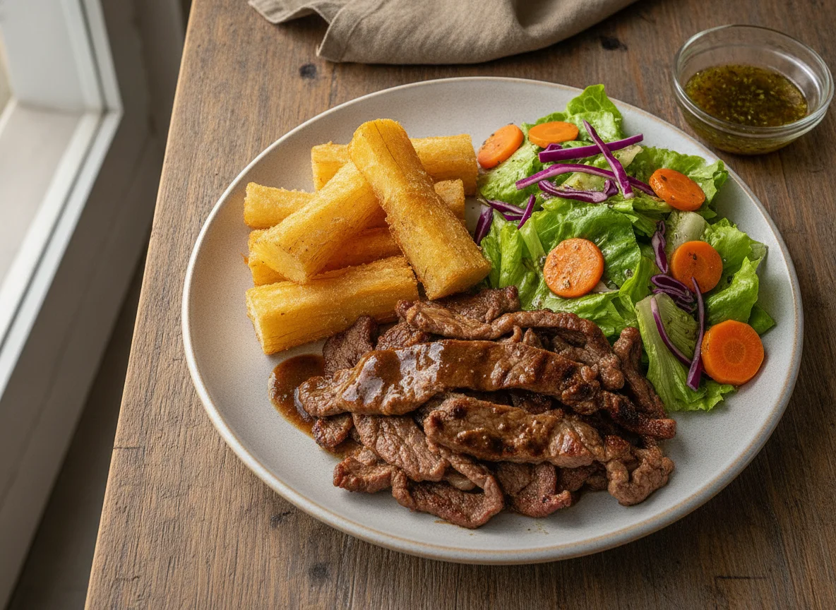 Carne asada con mandioca y ensalada photo