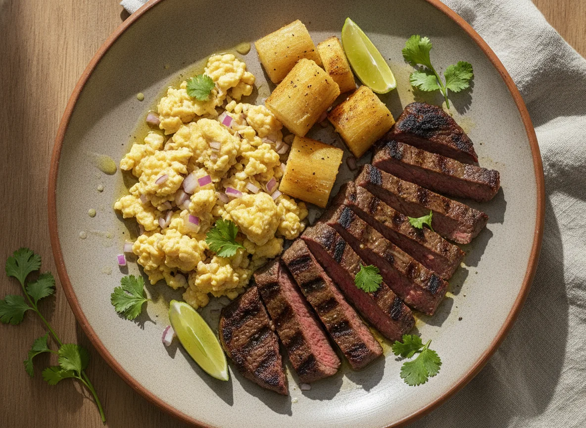 Carne asada con mandioca y ensalada de huevo photo