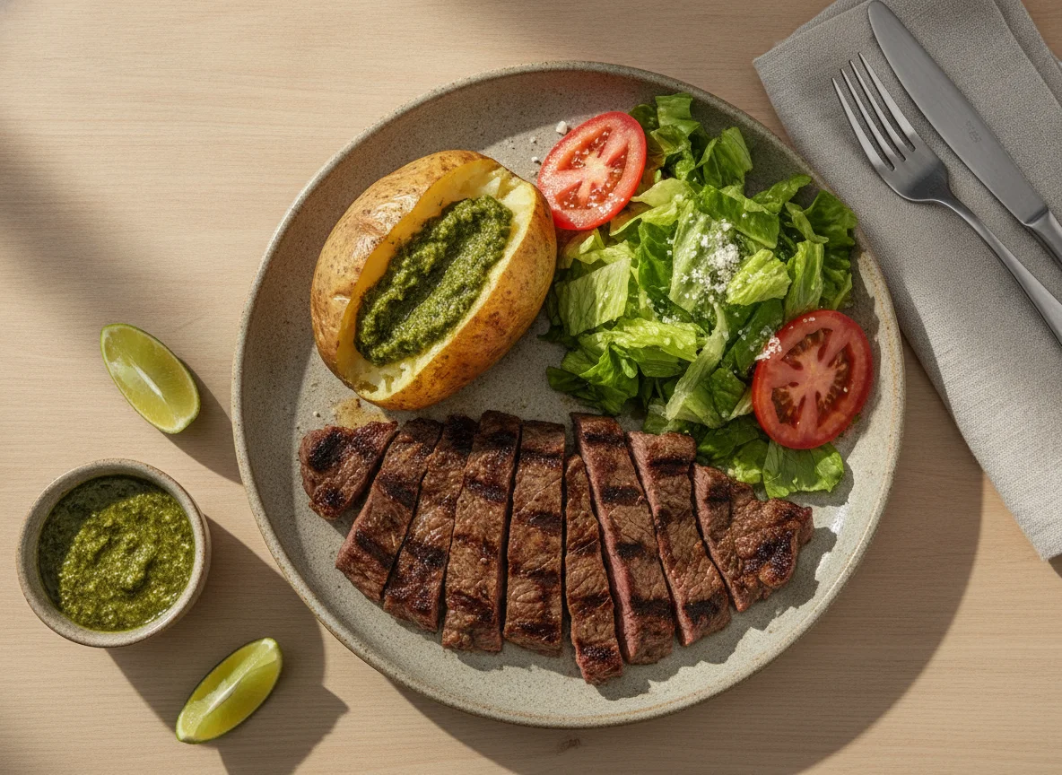 Carne asada con papa al horno y ensalada photo