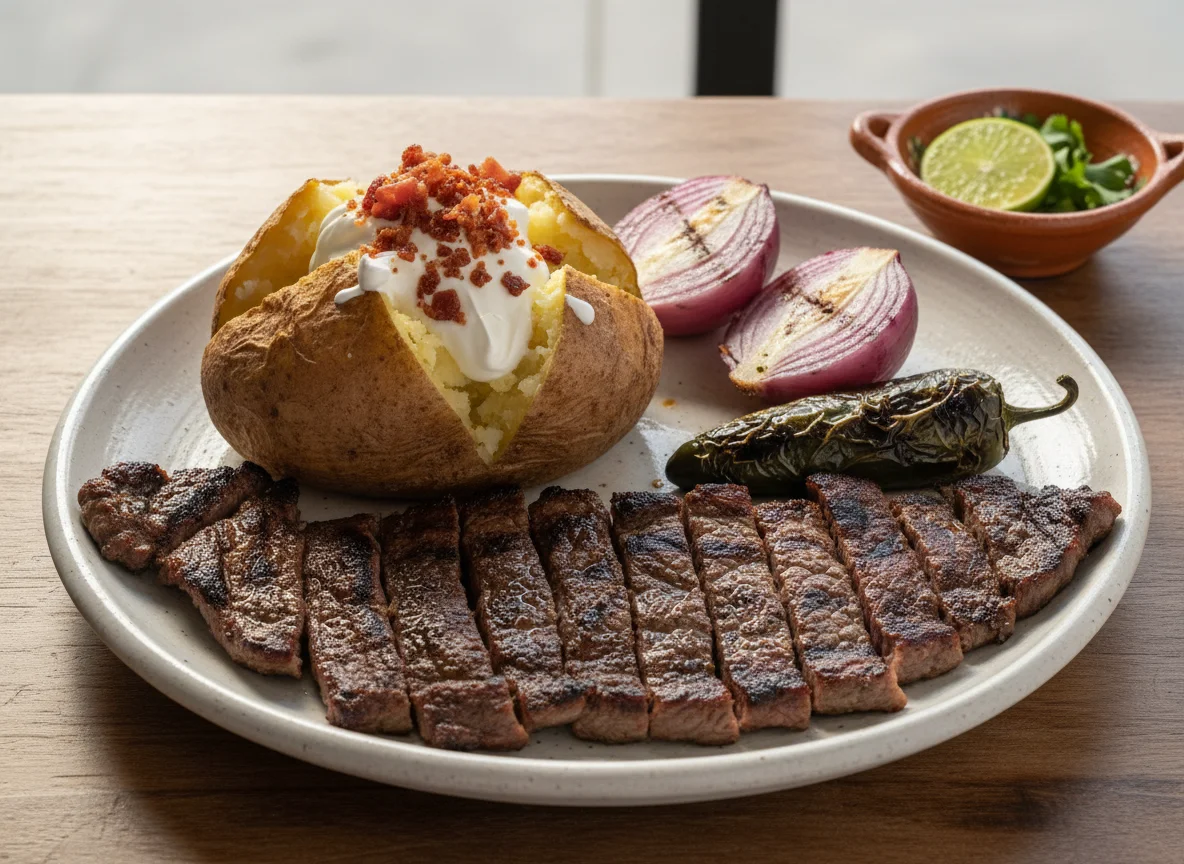 Carne asada con papa asada y cebolla photo