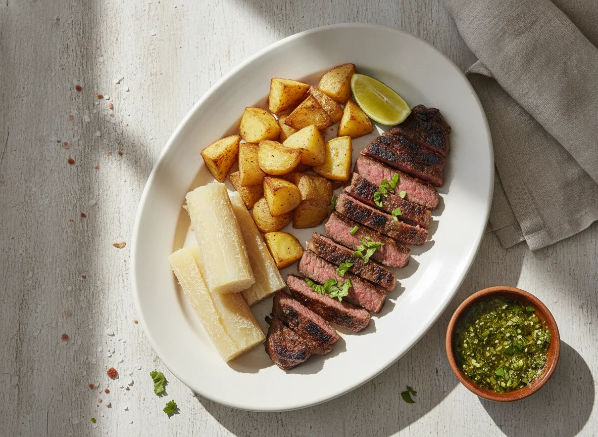 Carne asada con papa y yuca photo