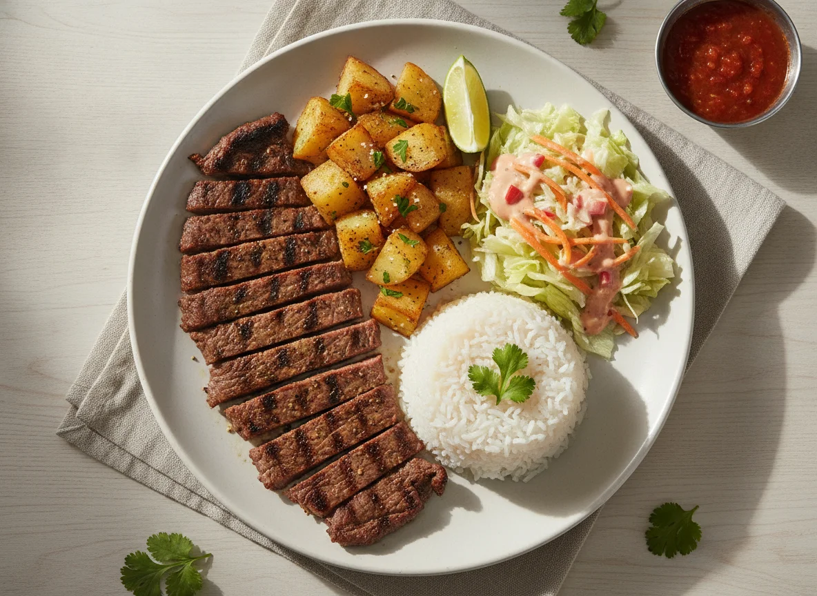 Carne asada con papas, arroz y ensalada photo