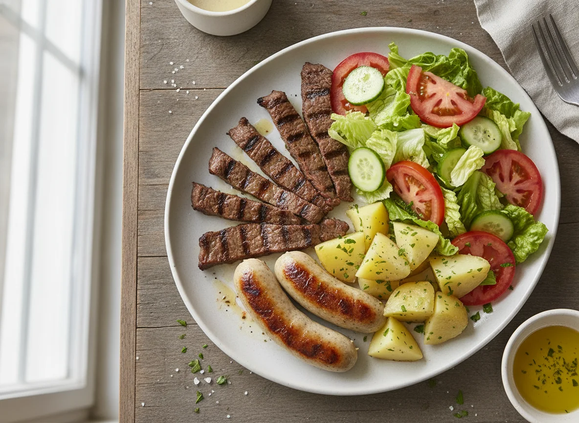 Carne asada con papas cocidas y ensalada photo