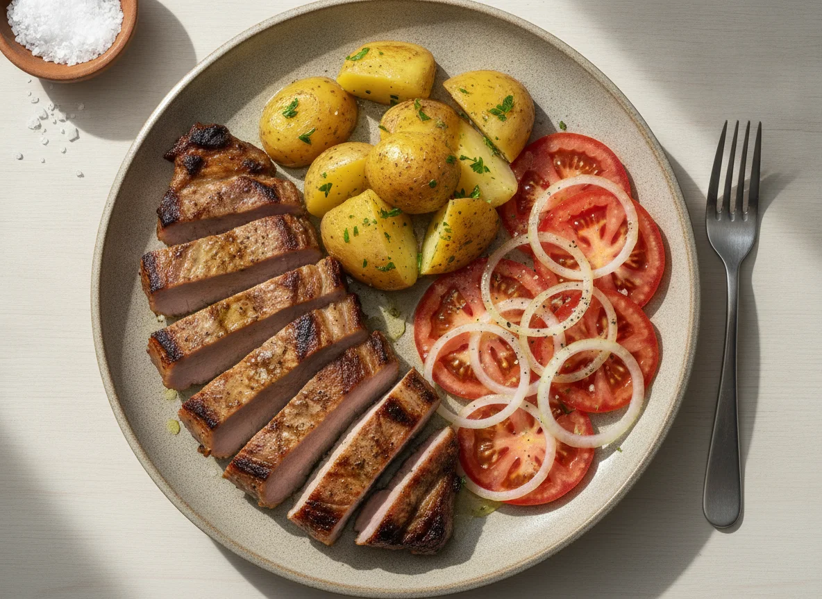 Carne asada con papas cocidas y ensalada de tomate y cebolla photo