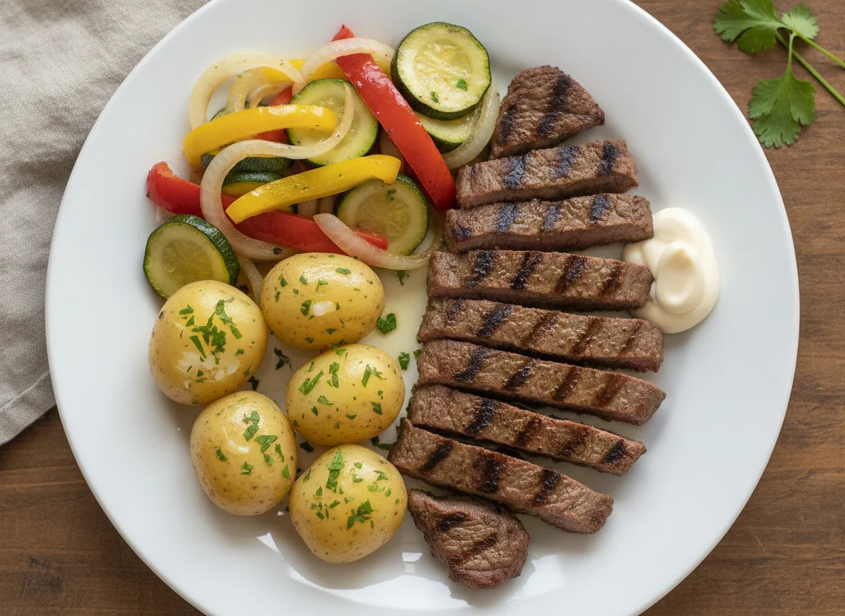 Carne asada con papas cocidas y vegetales salteados photo