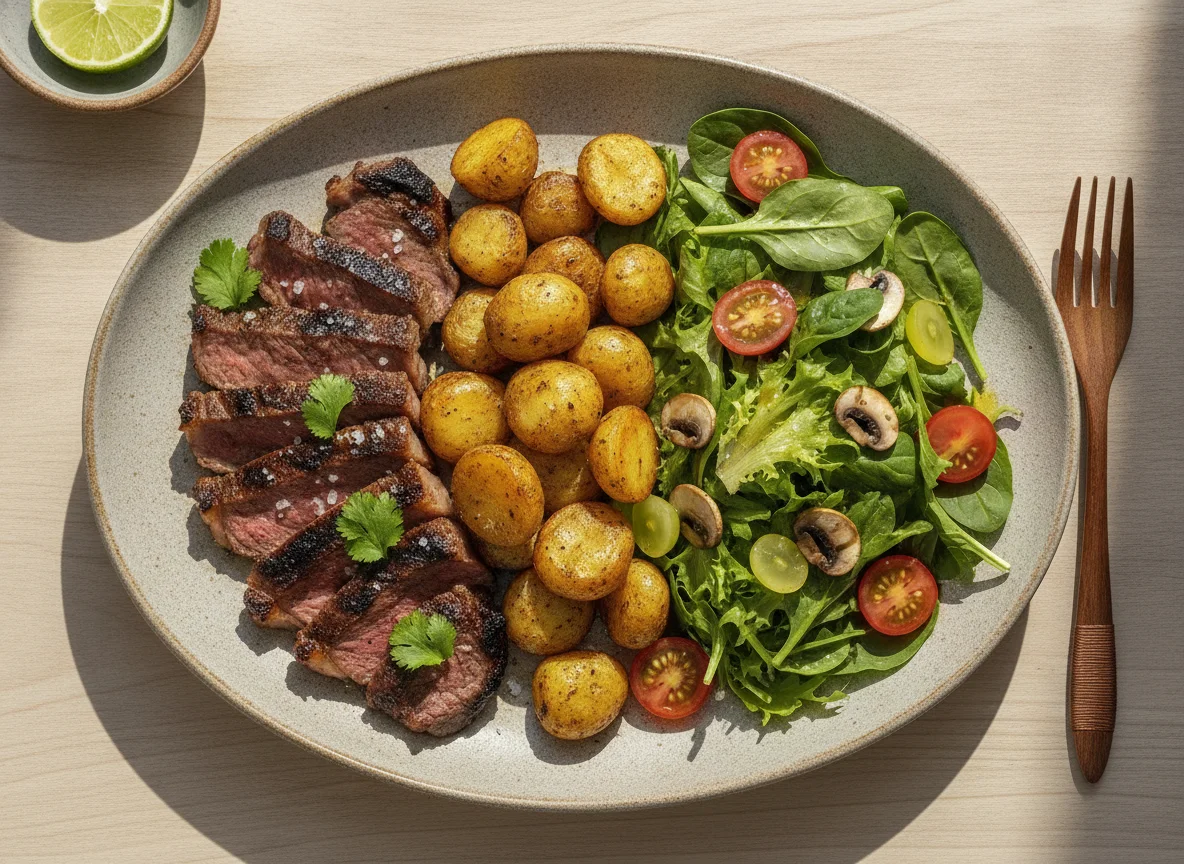 Carne asada con papas criollas y ensalada de champiñones photo