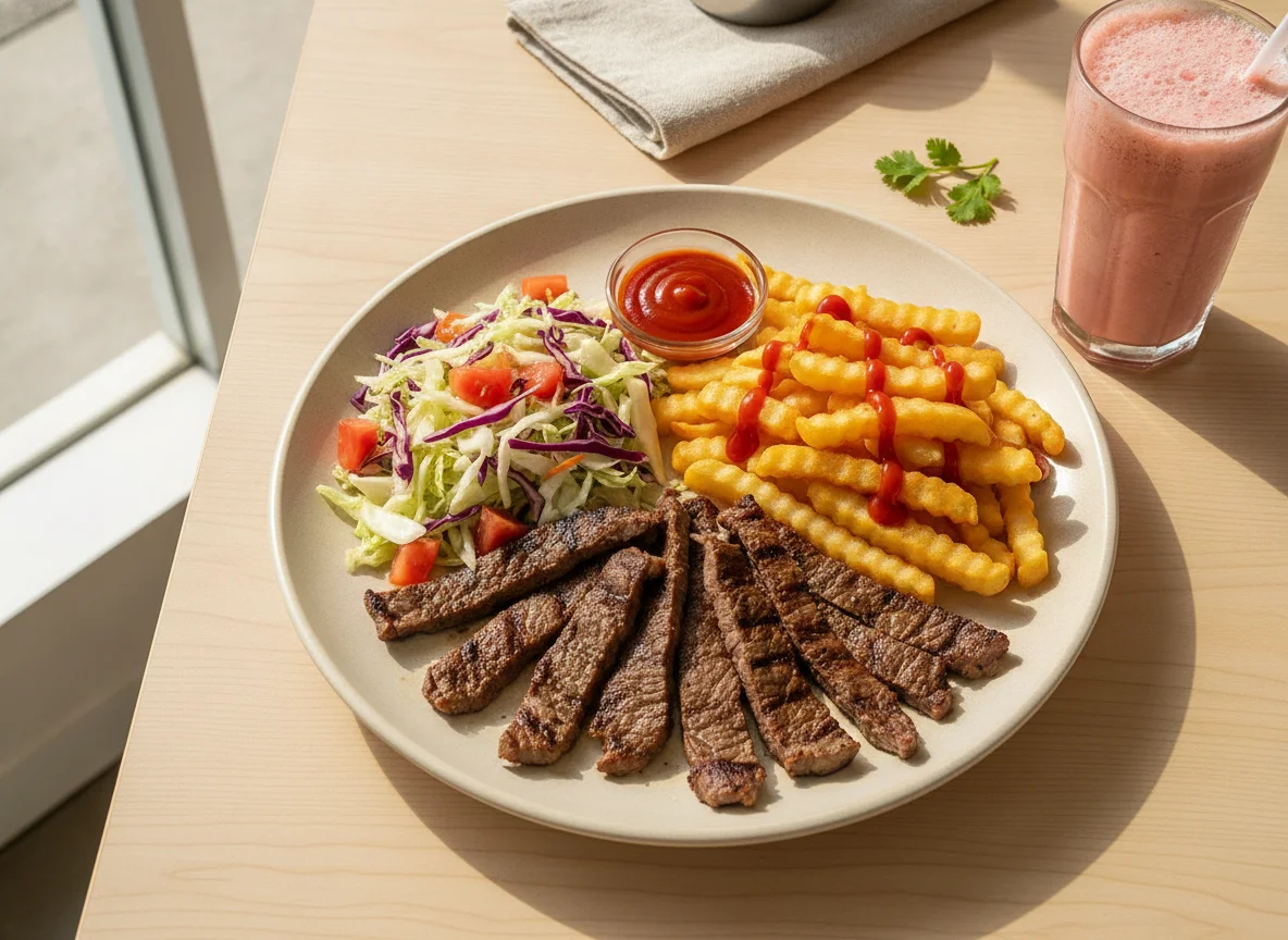 Carne asada con papas fritas y ensalada photo