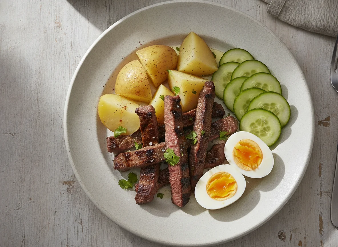 Carne asada con papas hervidas, huevo y pepino photo