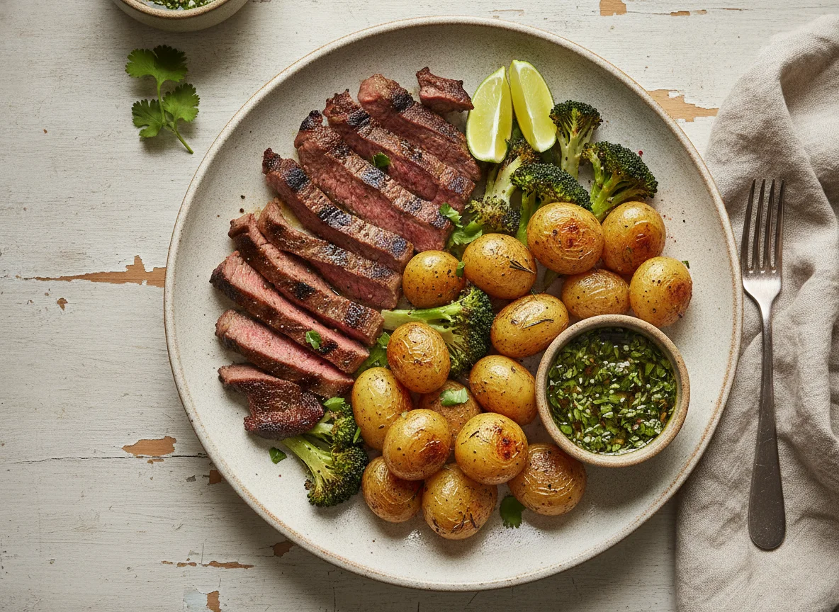 Carne asada con papas y brócoli photo