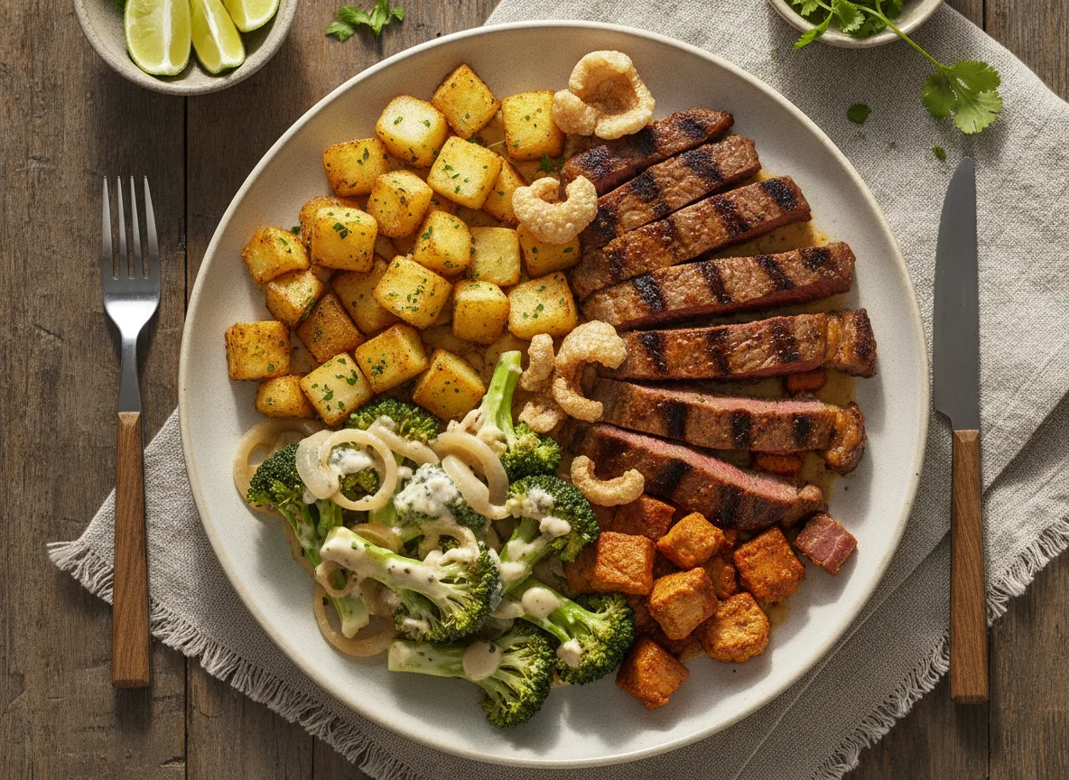 Carne asada con papas y brócoli en crema photo