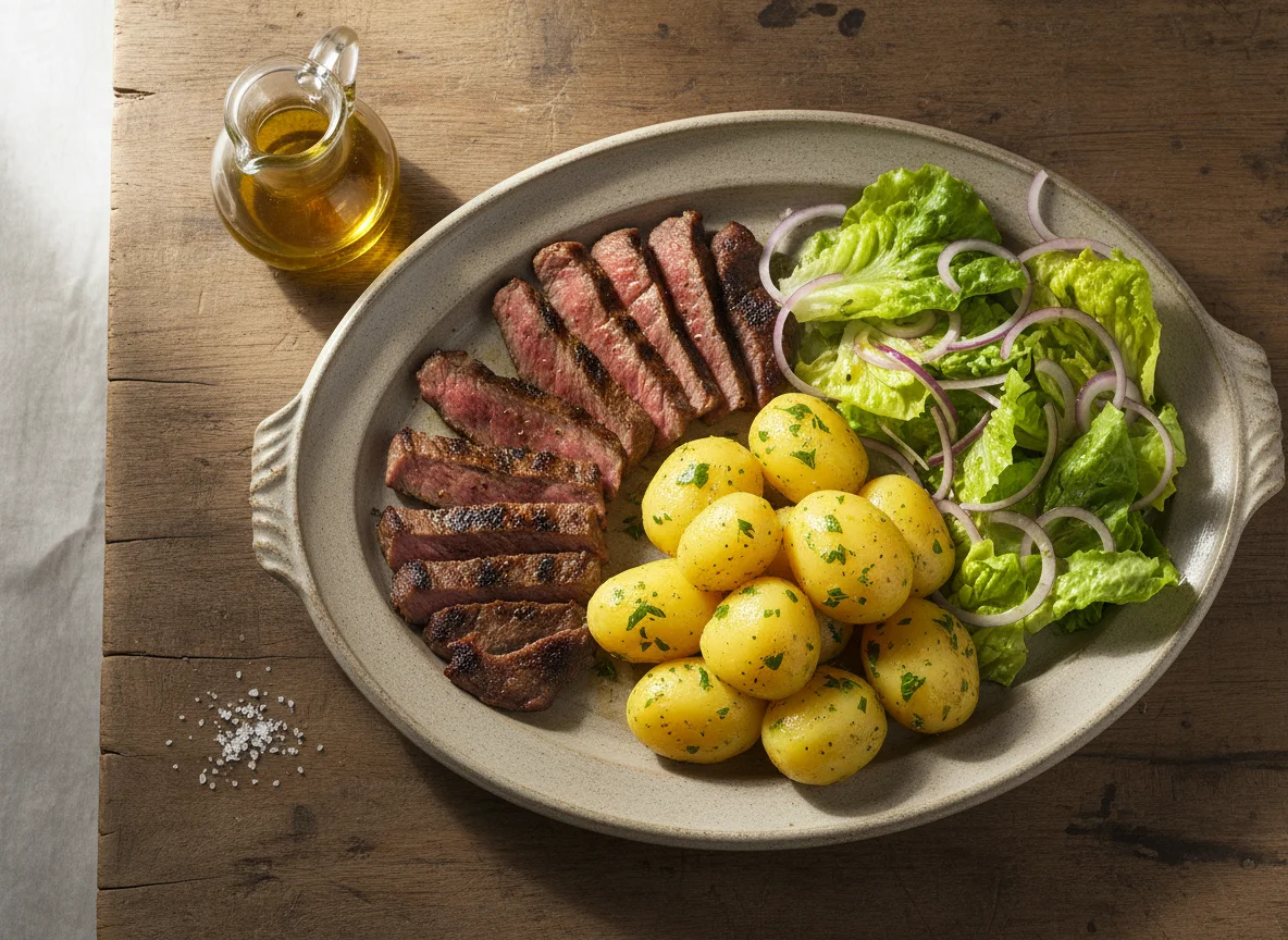 Carne asada con papas y ensalada photo